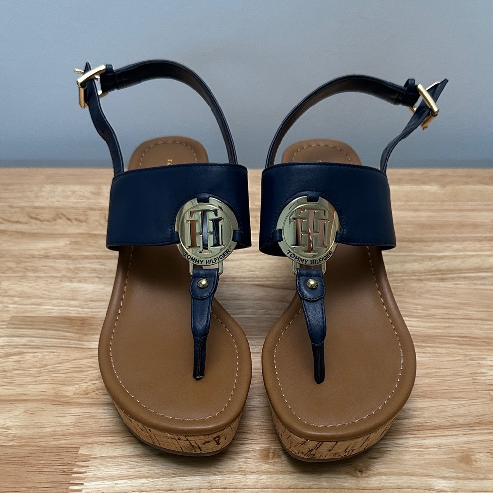 Tommy Hilfiger Blue and Brown Sandals with Gold Accent
